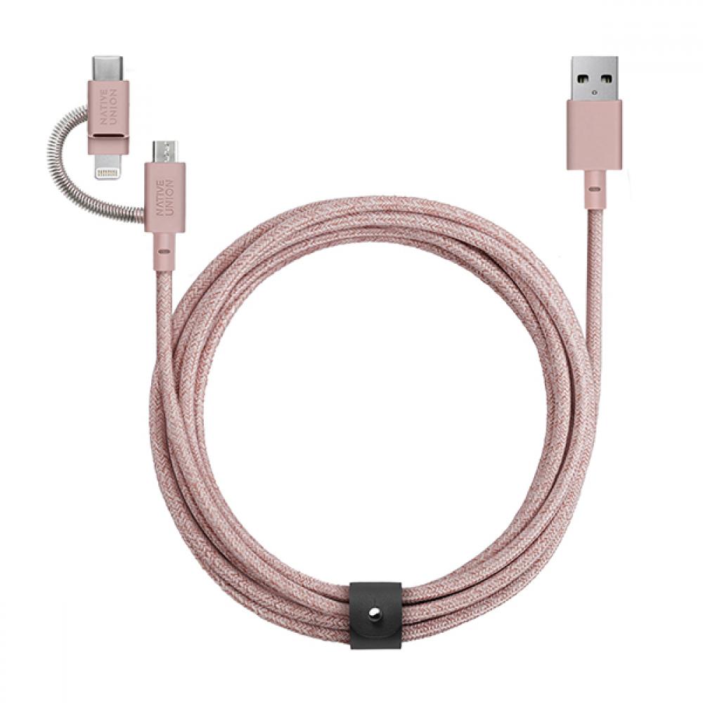 BELT CABLE UNIVERSAL ROSE (USB-A TO MICRO-USB, LIGHTNING AND USB-C)